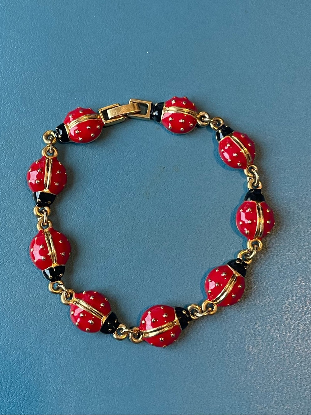 Vintage Style Gold Tone Red Enamel Ladybug Link Bracelet 7.5"